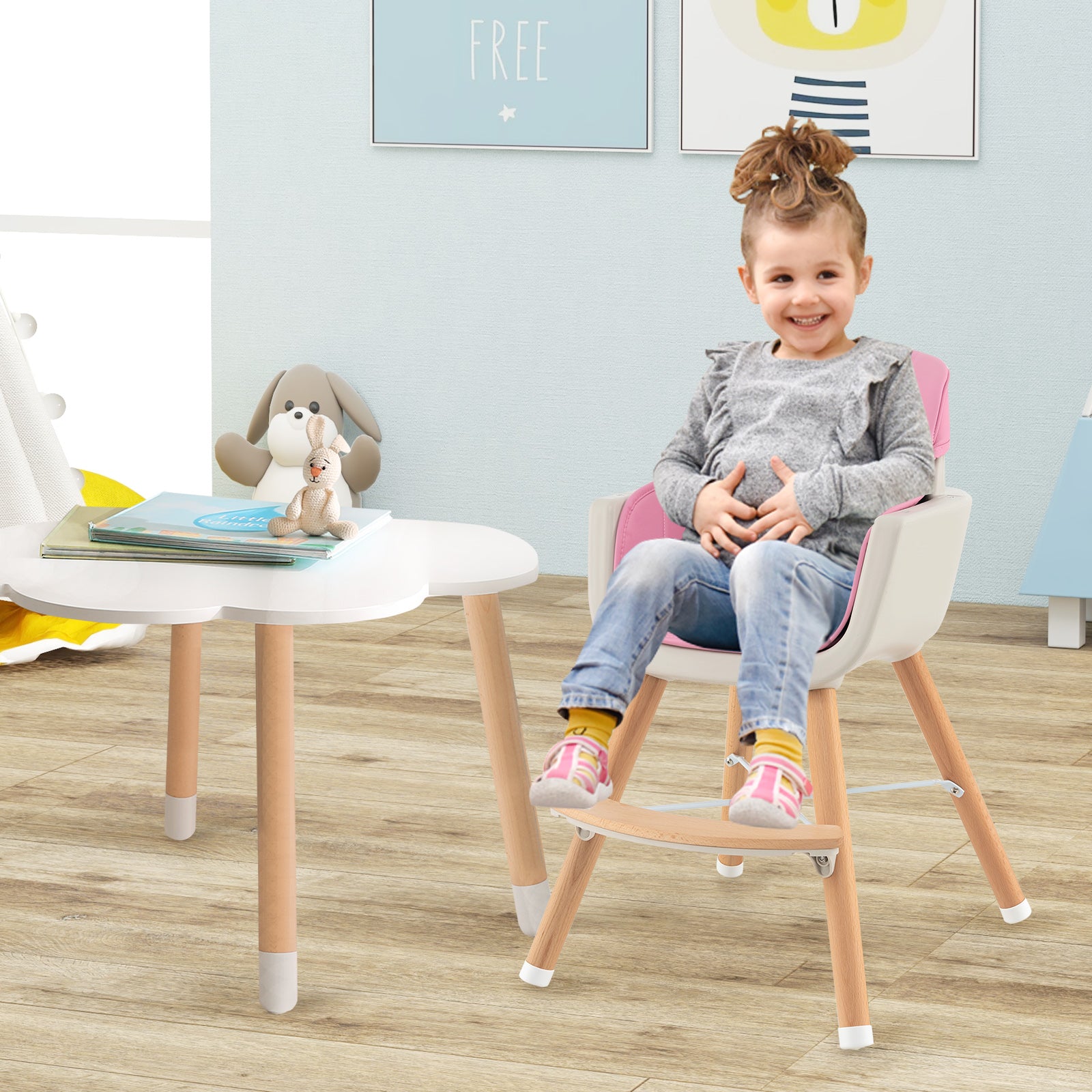 3-in-1 Convertible Wooden High Chair with Cushion-Pink