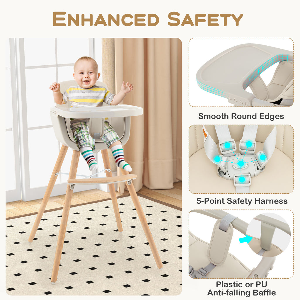 3-in-1 Convertible Wooden High Chair with Cushion-Beige