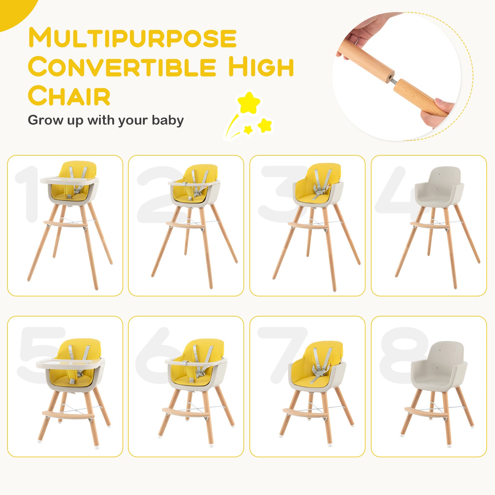 3-in-1 Convertible Wooden High Chair with Cushion-Yellow