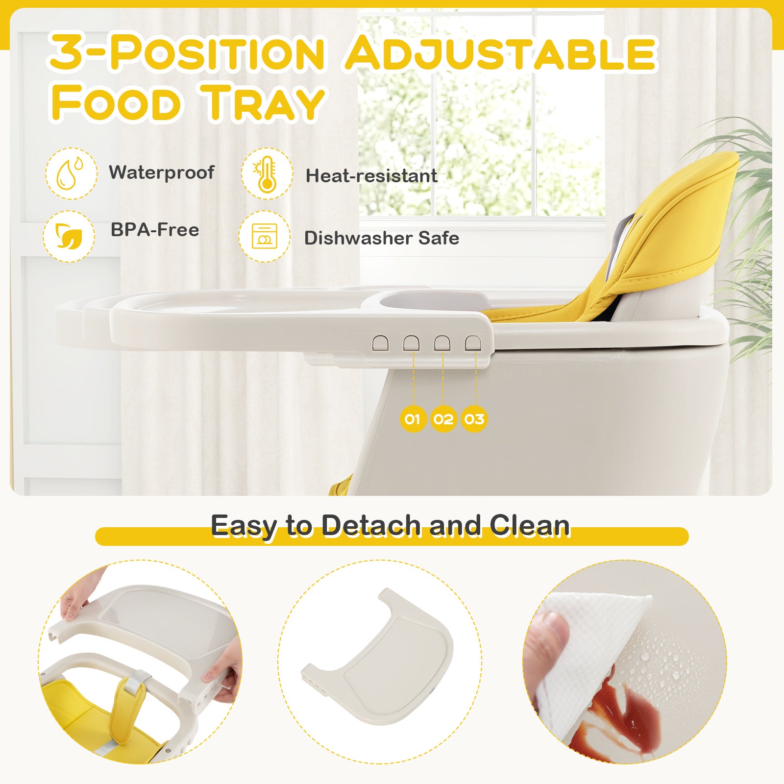 3-in-1 Convertible Wooden High Chair with Cushion-Yellow