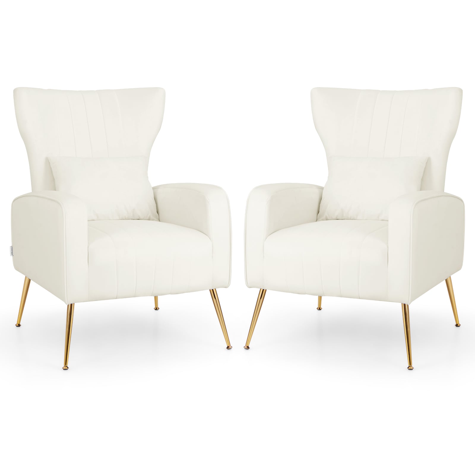 Velvet Upholstered Wingback Chair with Lumbar Pillow and Golden Metal Legs-White