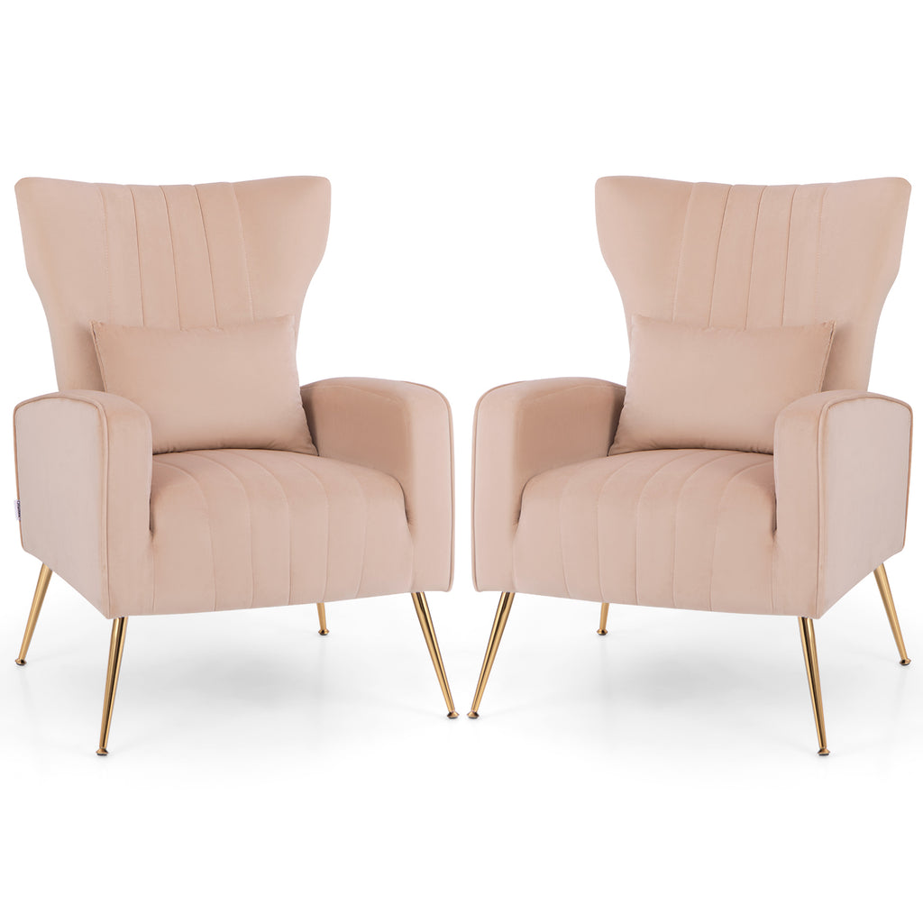 Velvet Upholstered Wingback Chair with Lumbar Pillow and Golden Metal Legs-Pink