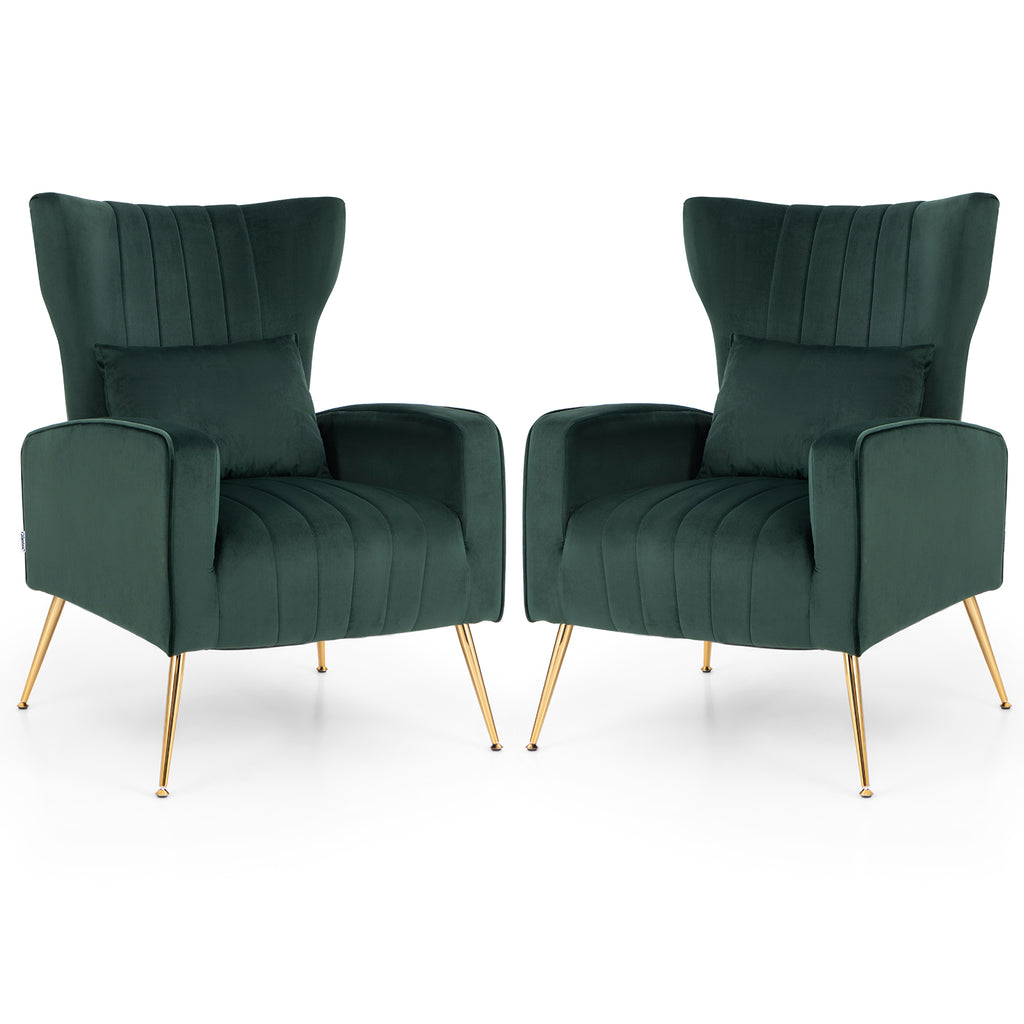 Velvet Upholstered Wingback Chair with Lumbar Pillow and Golden Metal Legs-Turquoise