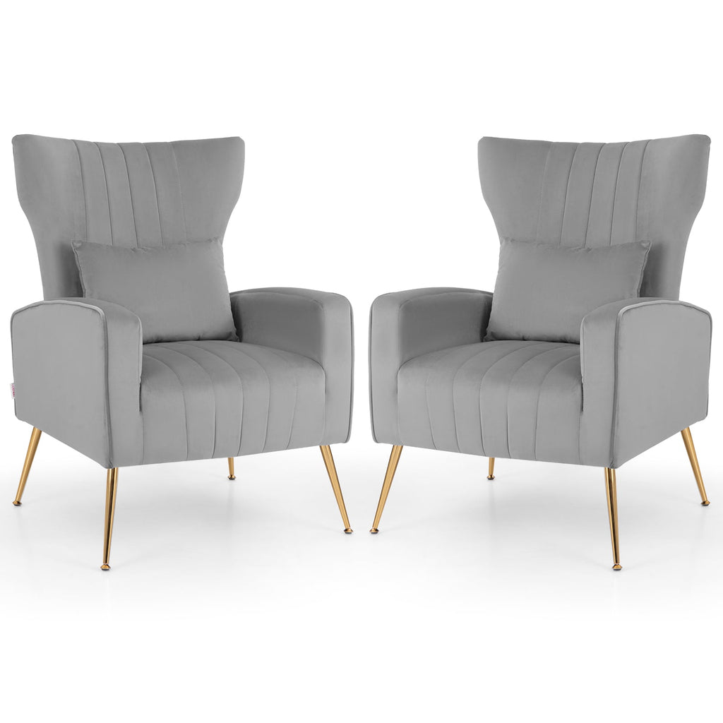 Velvet Upholstered Wingback Chair with Lumbar Pillow and Golden Metal Legs-Gray