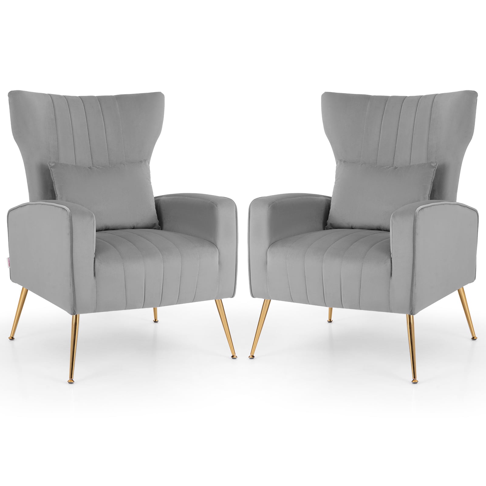 Velvet Upholstered Wingback Chair with Lumbar Pillow and Golden Metal Legs-Gray