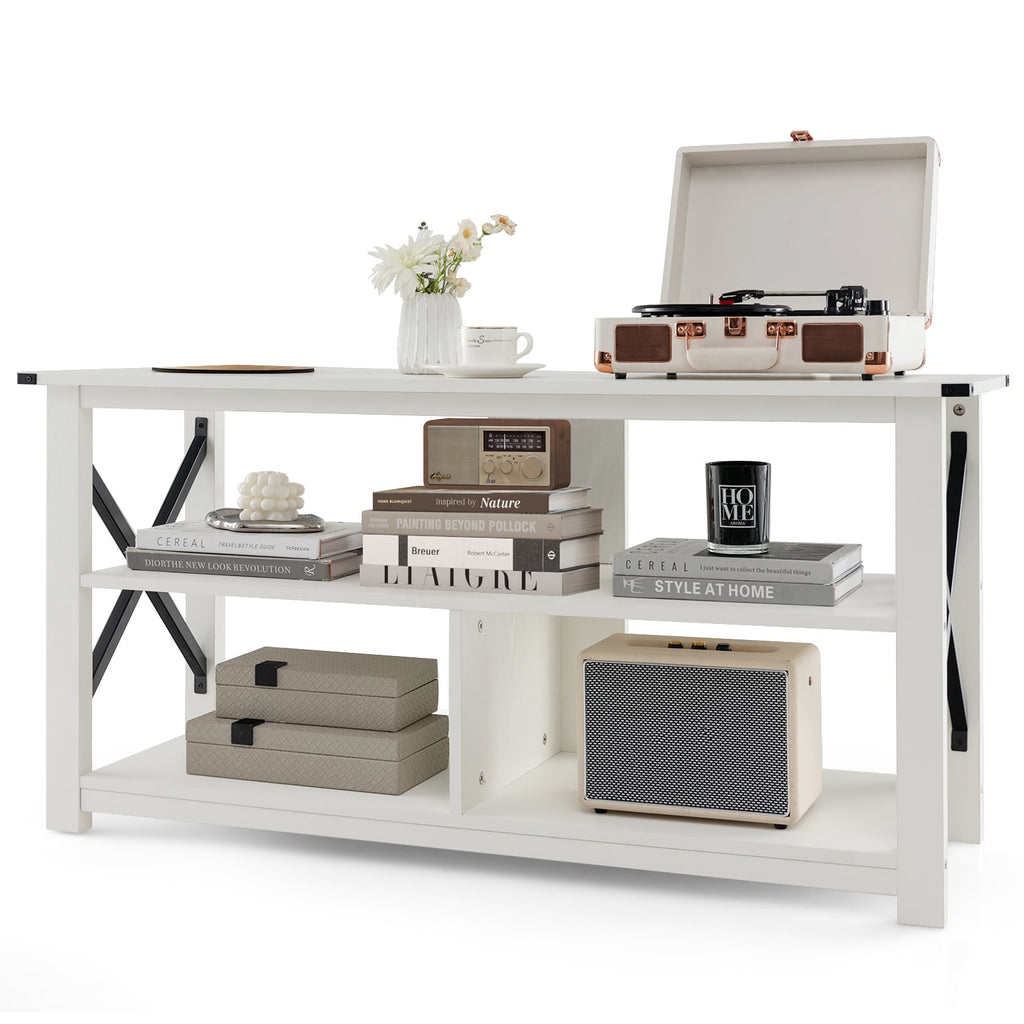 3 Tier Wood TV Stand for 55-Inch with Open Shelves and X-Shaped Frame-White