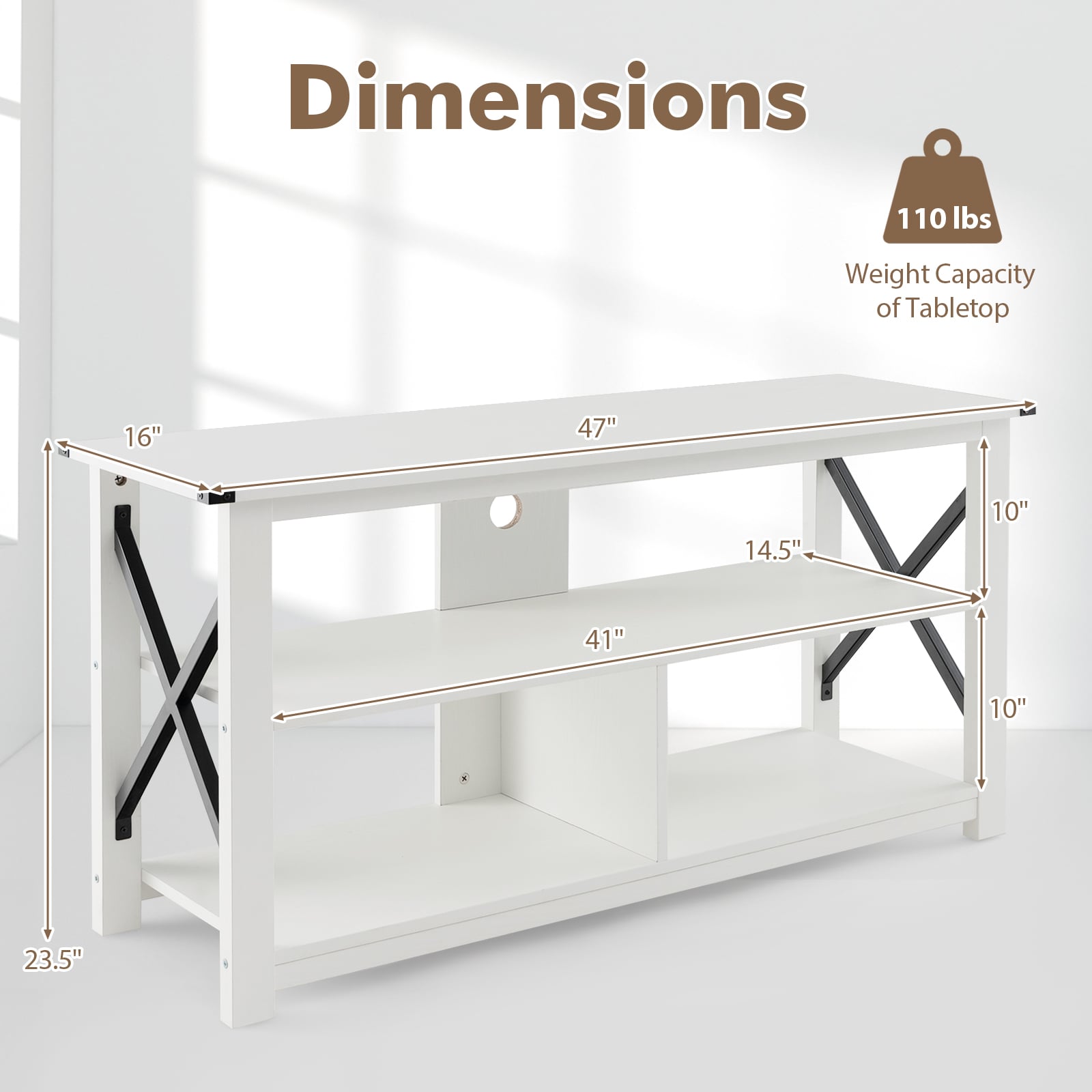 3 Tier Wood TV Stand for 55-Inch with Open Shelves and X-Shaped Frame-White