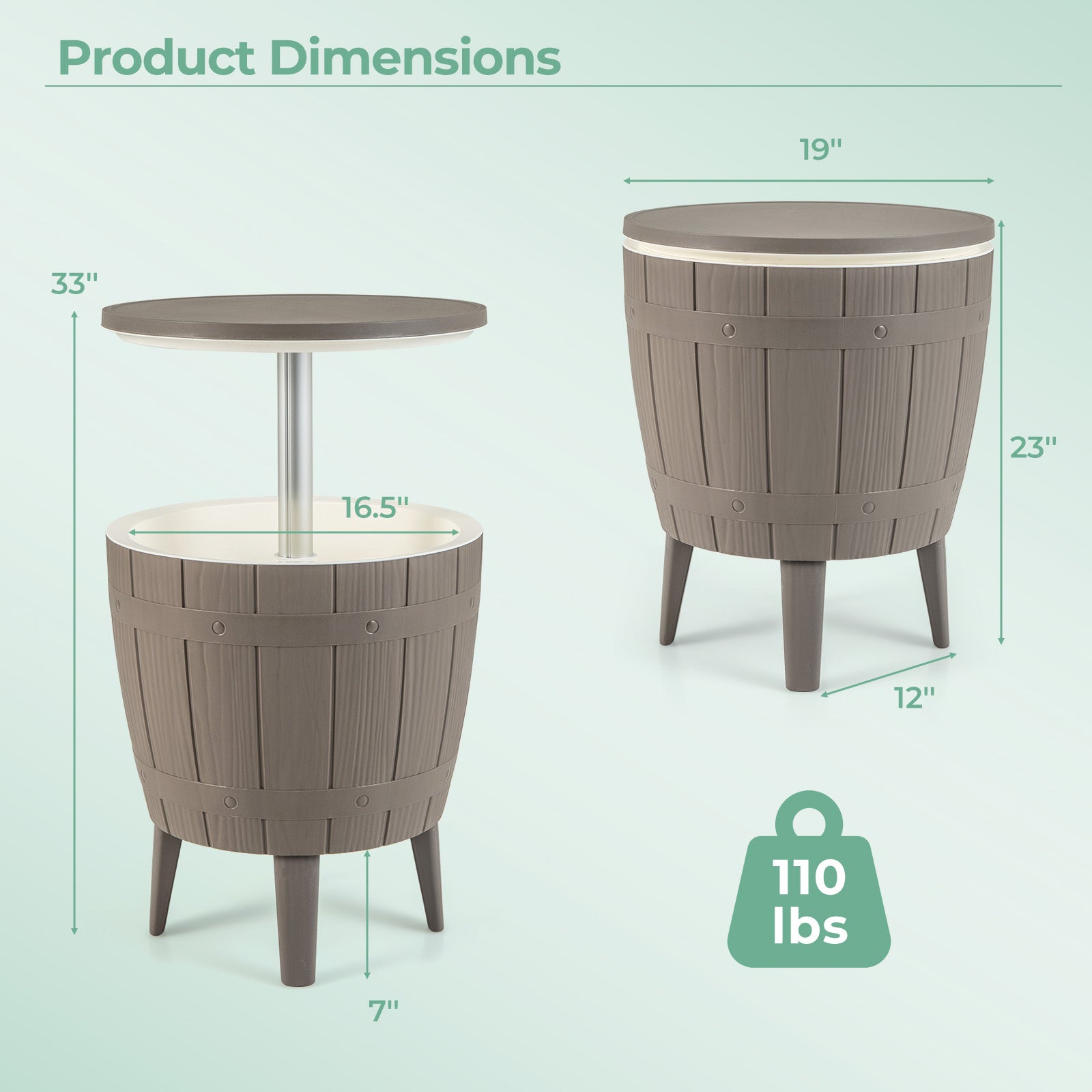 Table de bar glacière de 38 L, table basse d'extérieur, seau à glace avec plateau télescopique pour bière et vin - Marron