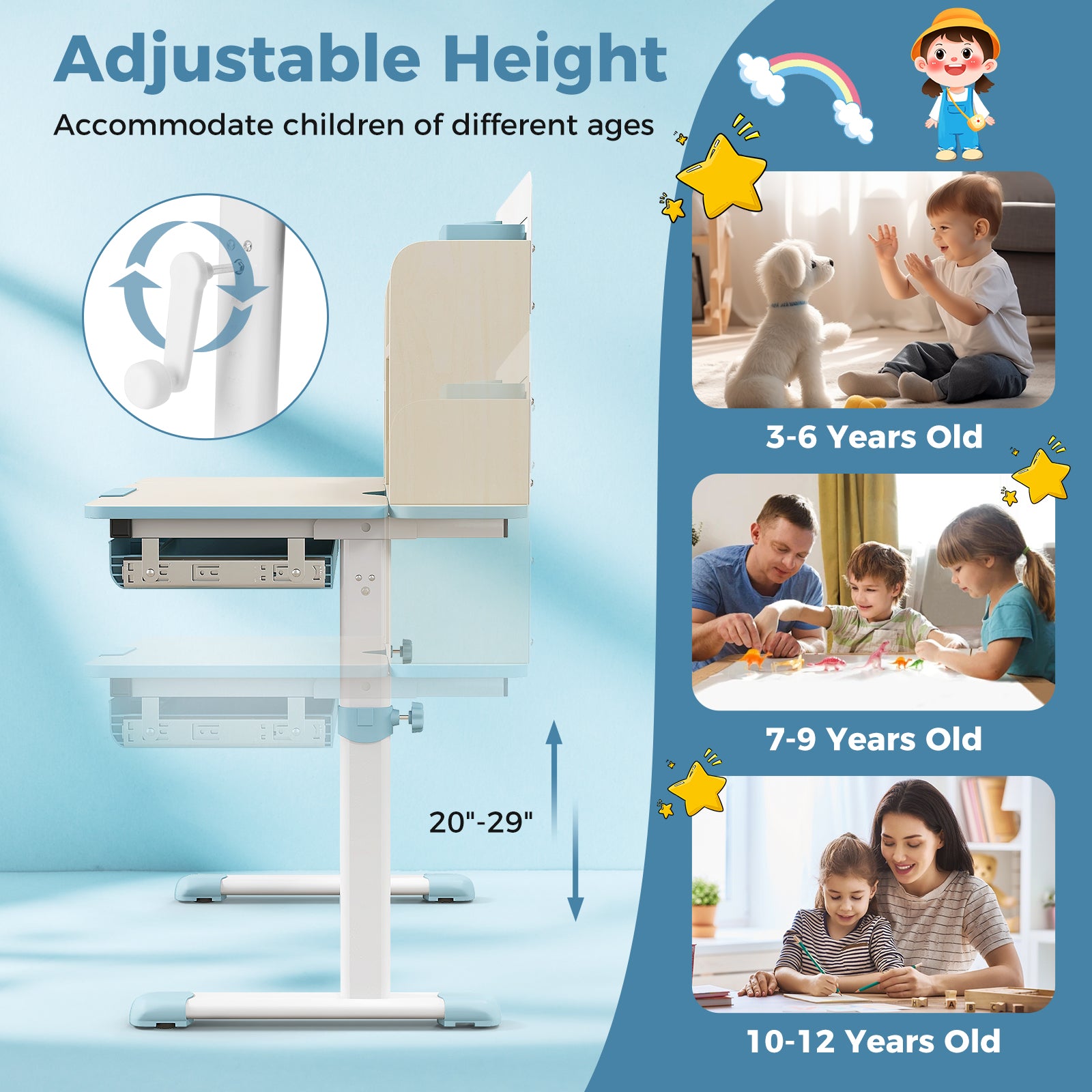 Height Adjustable Kids Study Desk with Tilt Desktop for 3-12 Years Old-Blue