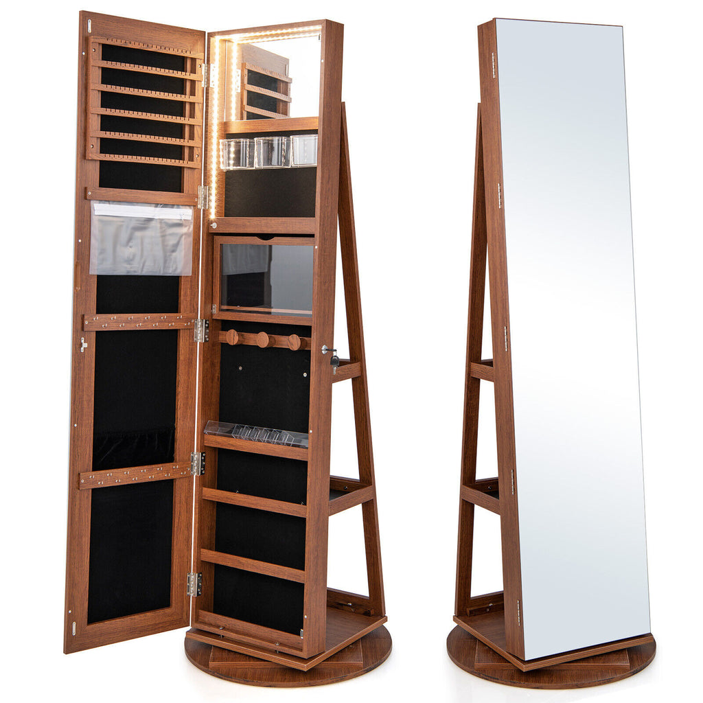 360° Rotating Mirrored Jewelry Cabinet Armoire 3 Color LED Modes Lockable-Dark Brown