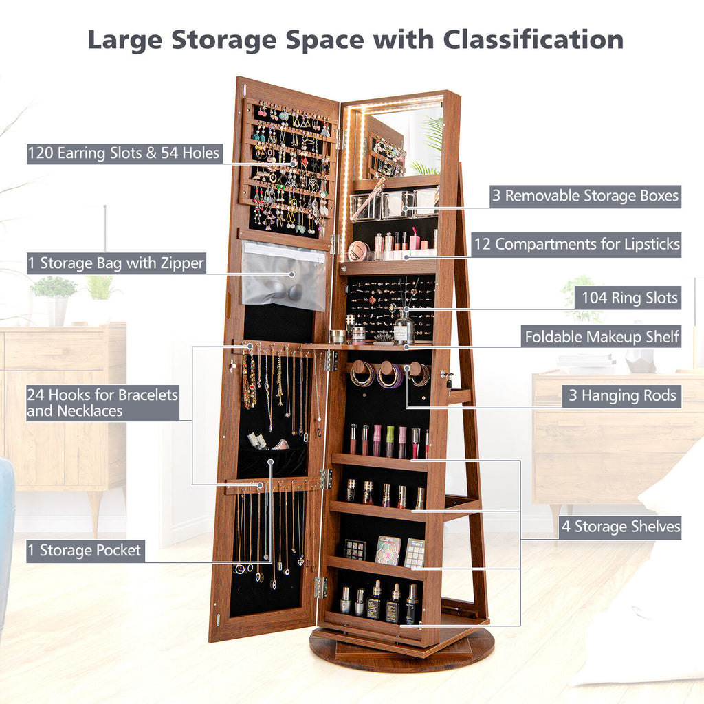 360° Rotating Mirrored Jewelry Cabinet Armoire 3 Color LED Modes Lockable-Dark Brown