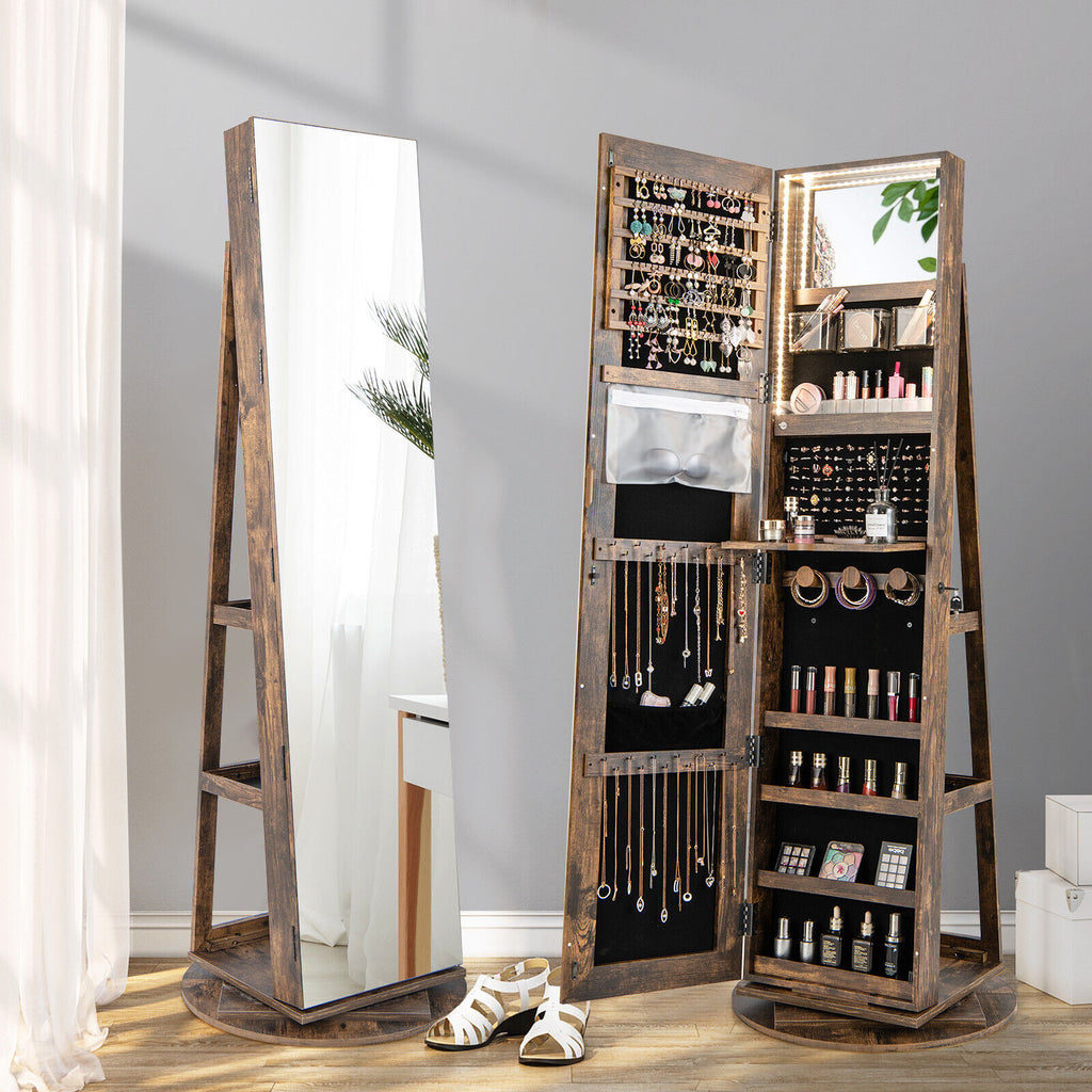 360° Rotating Mirrored Jewelry Cabinet Armoire 3 Color LED Modes Lockable-Brown