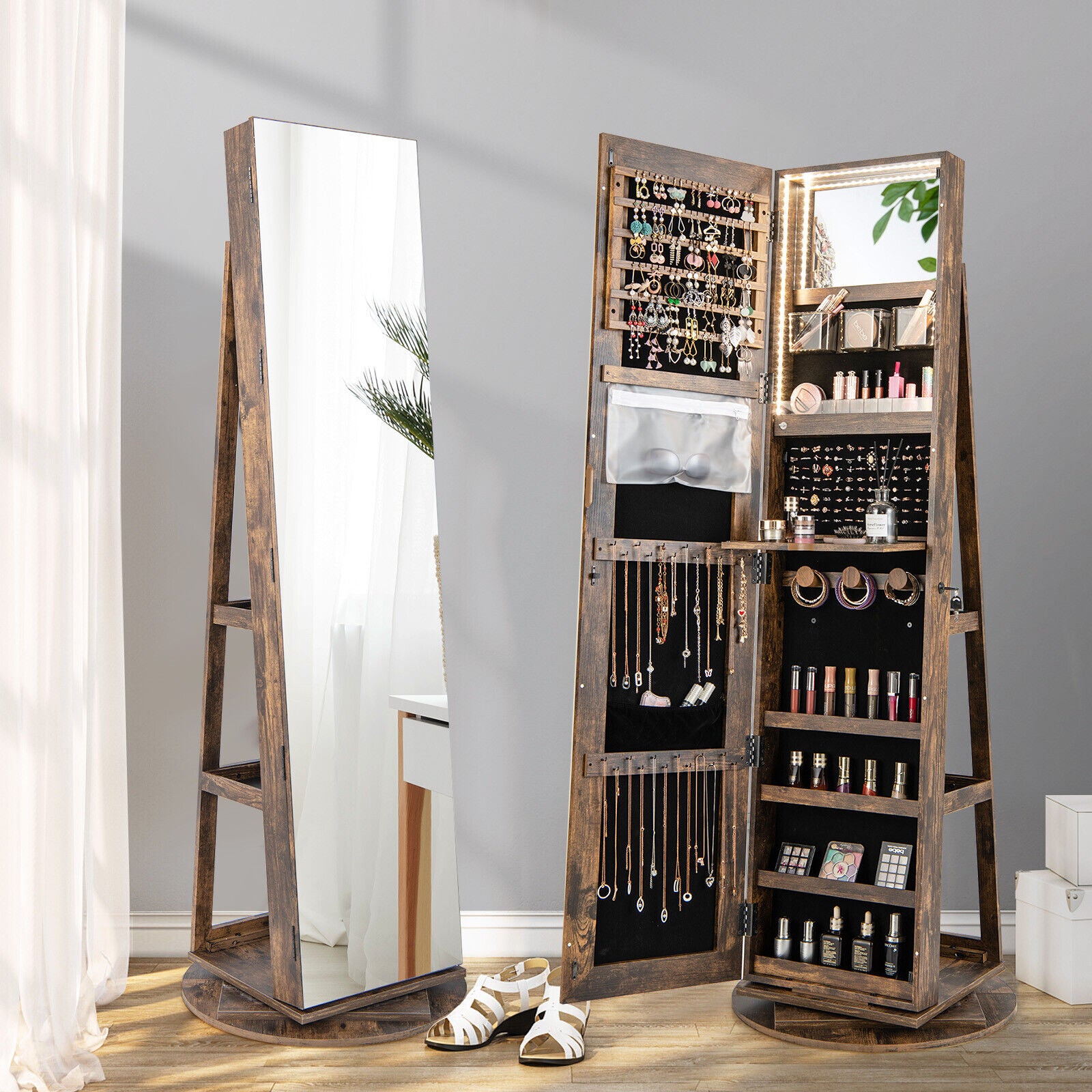 360° Rotating Mirrored Jewelry Cabinet Armoire 3 Color LED Modes Lockable-Brown