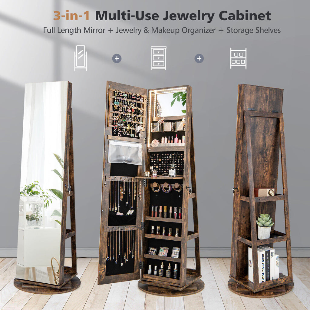 360° Rotating Mirrored Jewelry Cabinet Armoire 3 Color LED Modes Lockable-Brown