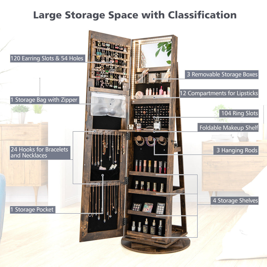 360° Rotating Mirrored Jewelry Cabinet Armoire 3 Color LED Modes Lockable-Brown