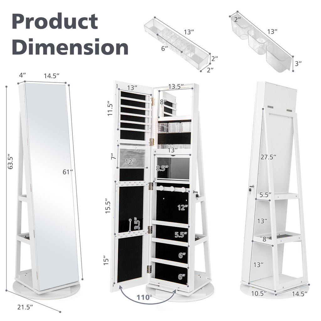 360° Rotating Mirrored Jewelry Cabinet Armoire 3 Color LED Modes Lockable-White