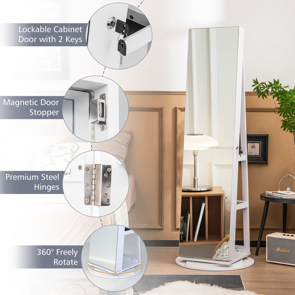 360° Rotating Mirrored Jewelry Cabinet Armoire 3 Color LED Modes Lockable-White