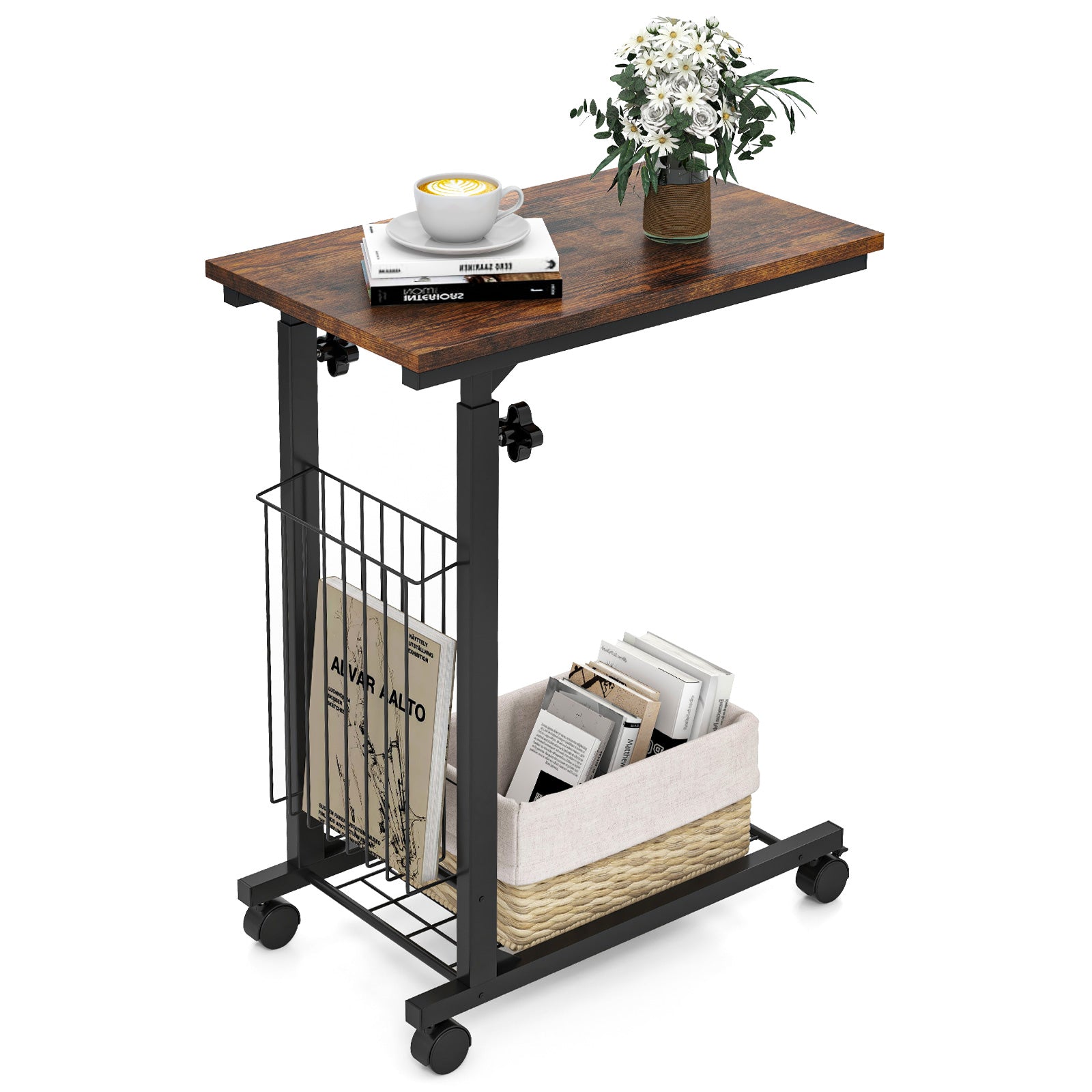 C-shape Sofa Side Table with Storage Basket-Rustic Brown