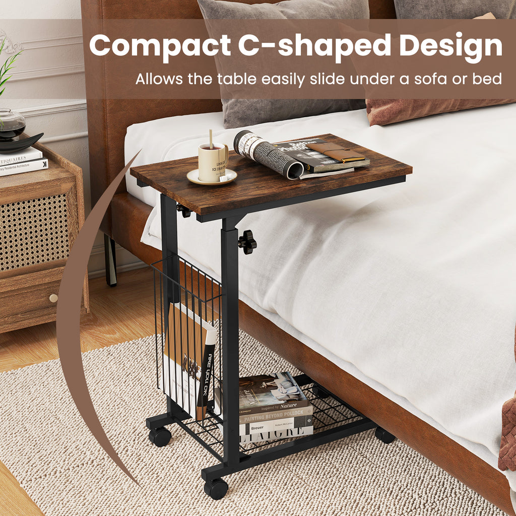 C-shape Sofa Side Table with Storage Basket-Rustic Brown