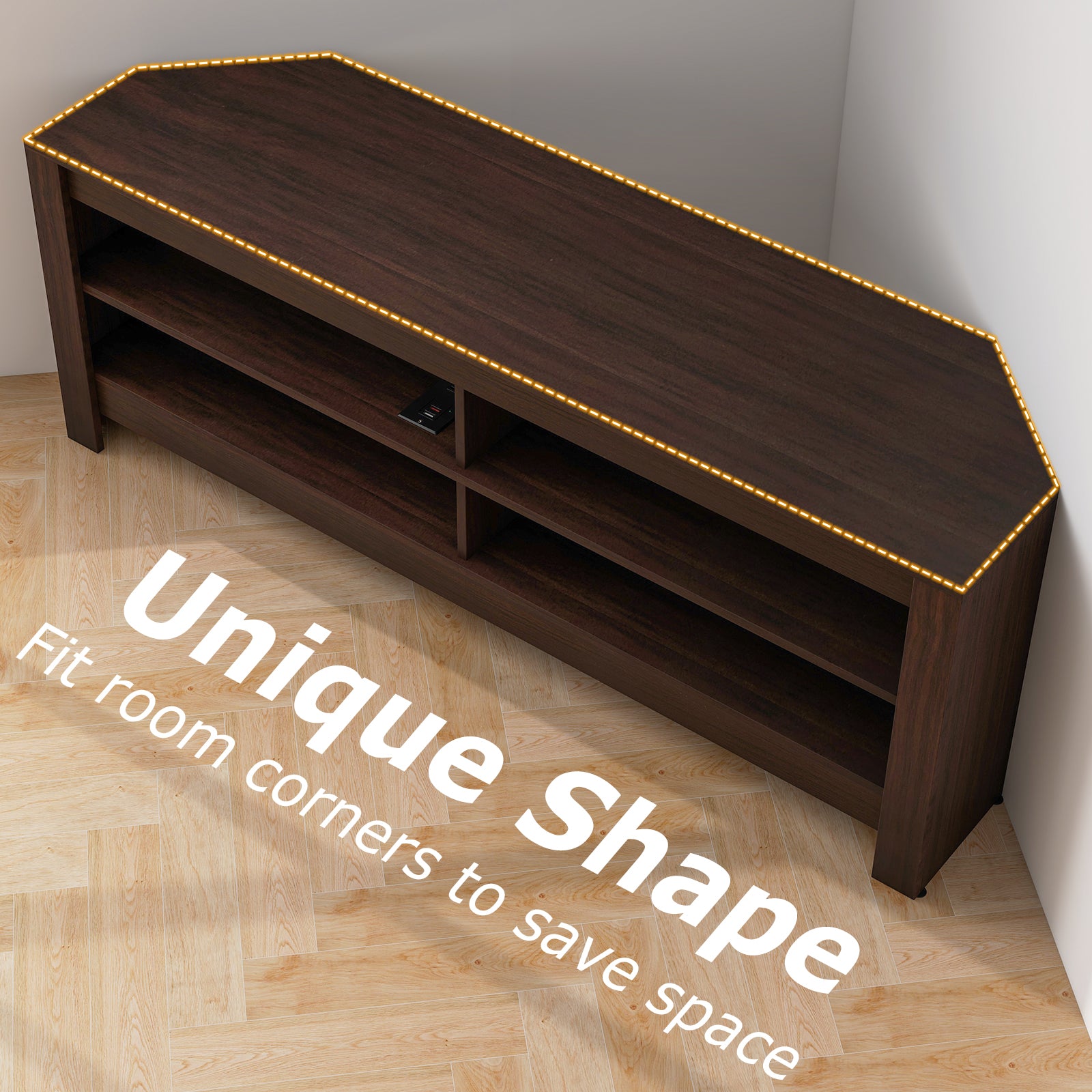 Corner TV Stand with Power Outlet and 4 Open Storage Shelves-Brown