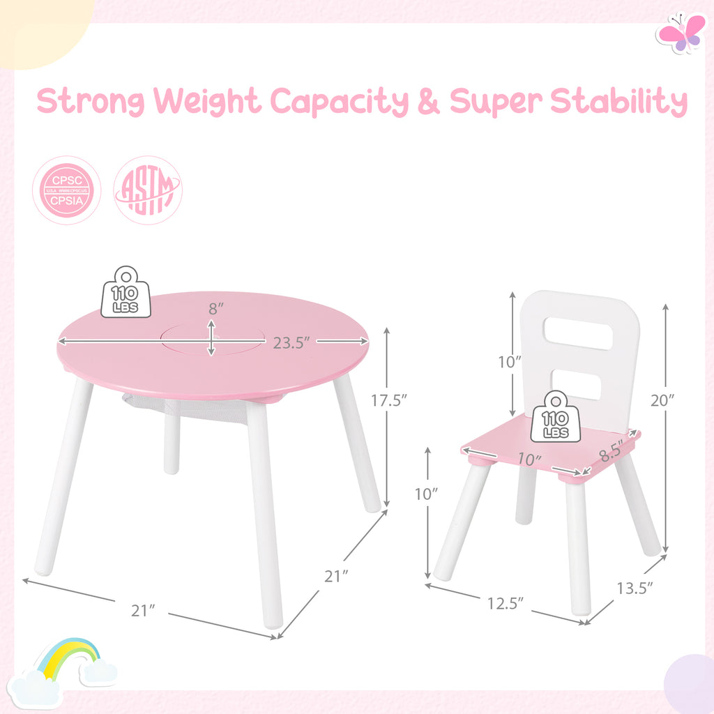Wood Activity Kids Table and Chair Set with Center Mesh Storage for Snack Time and Homework-Pink