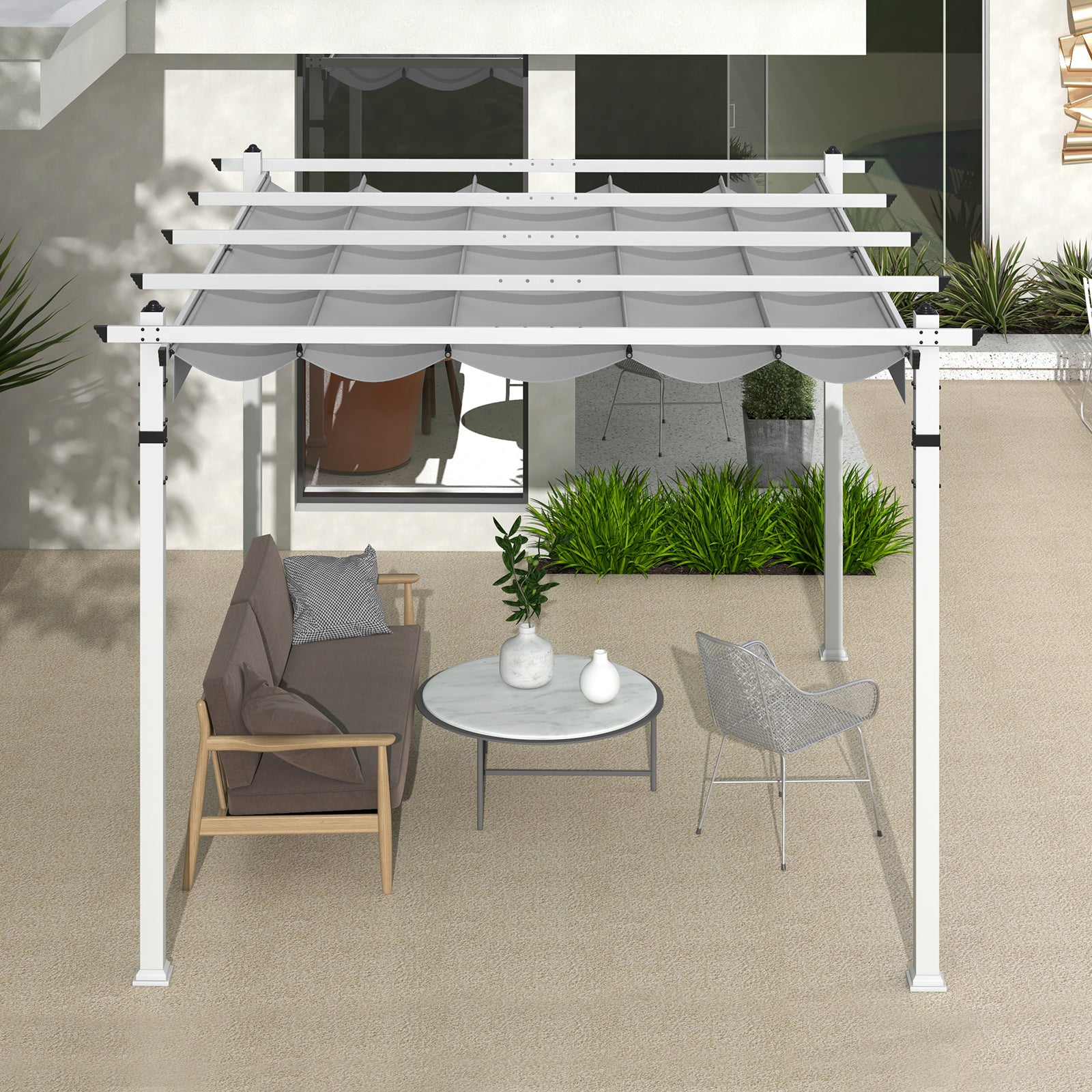 Pergola extérieure avec toit rétractable et structure en aluminium-Grise