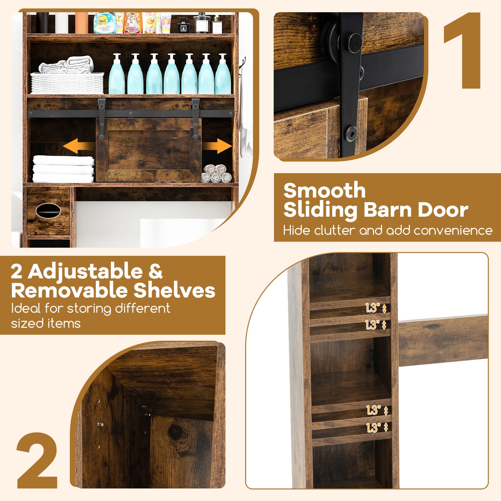 Over The Toilet Storage Cabinet with Sliding Barn Door and Adjustable Shelves-Rustic Brown