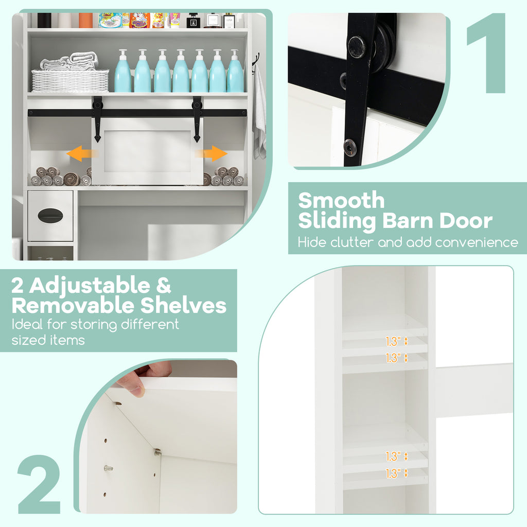 Over The Toilet Storage Cabinet with Sliding Barn Door and Adjustable Shelves-White