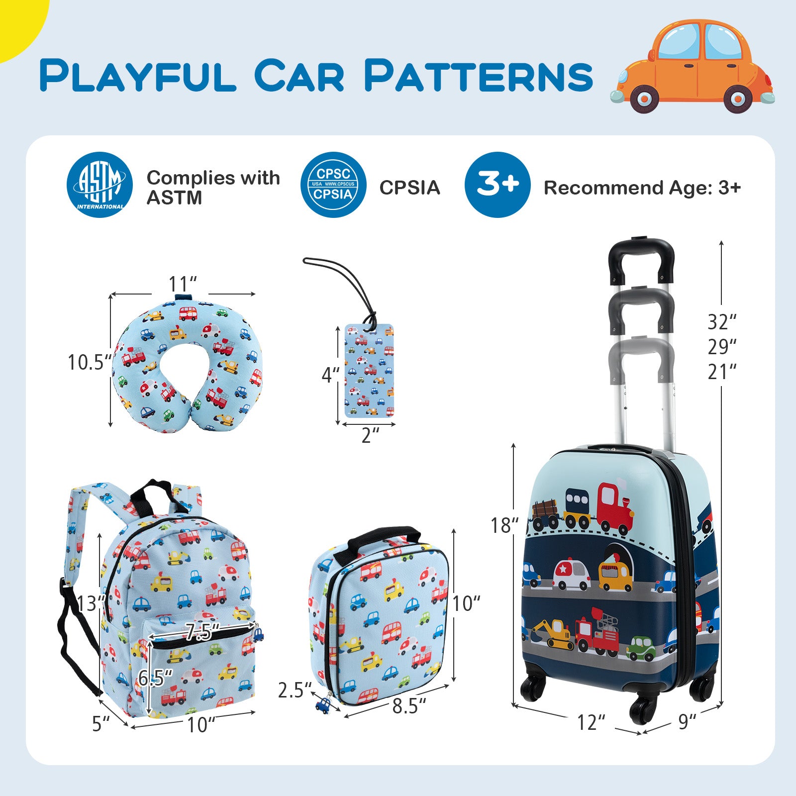 5 Piece Kids Luggage Set with Backpack  Neck Pillow  Name Tag  Lunch Bag-Blue
