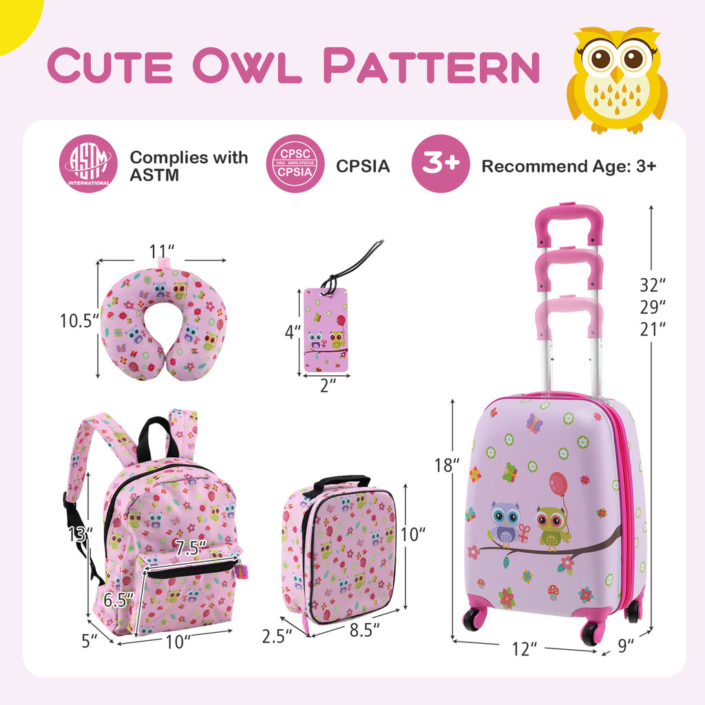 5 Piece Kids Luggage Set with Backpack  Neck Pillow  Name Tag  Lunch Bag-Pink