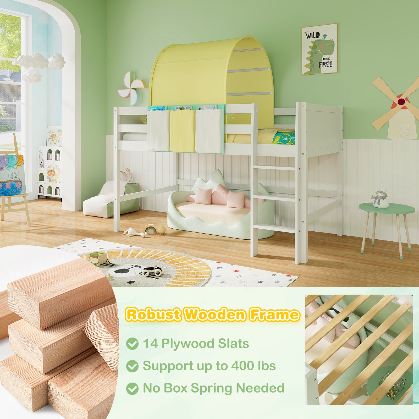 Twin Size Loft Bed Playhouse Bed Frame with Tower Tent and 3 Storage Pockets-Turquoise