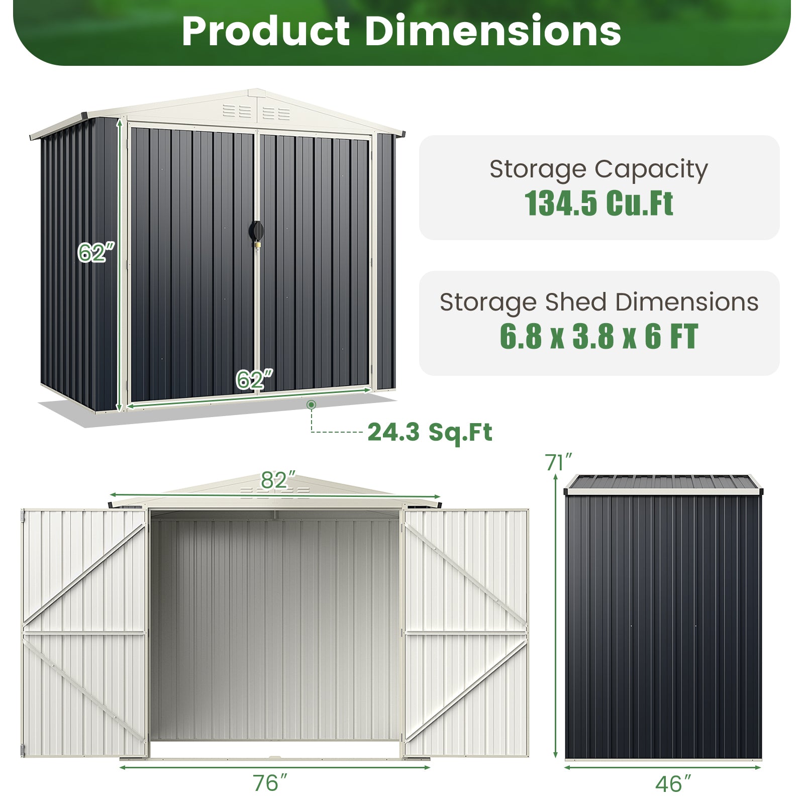 Abri de jardin extérieur en métal de 2,1 x 1,2 m avec porte verrouillable – Gris