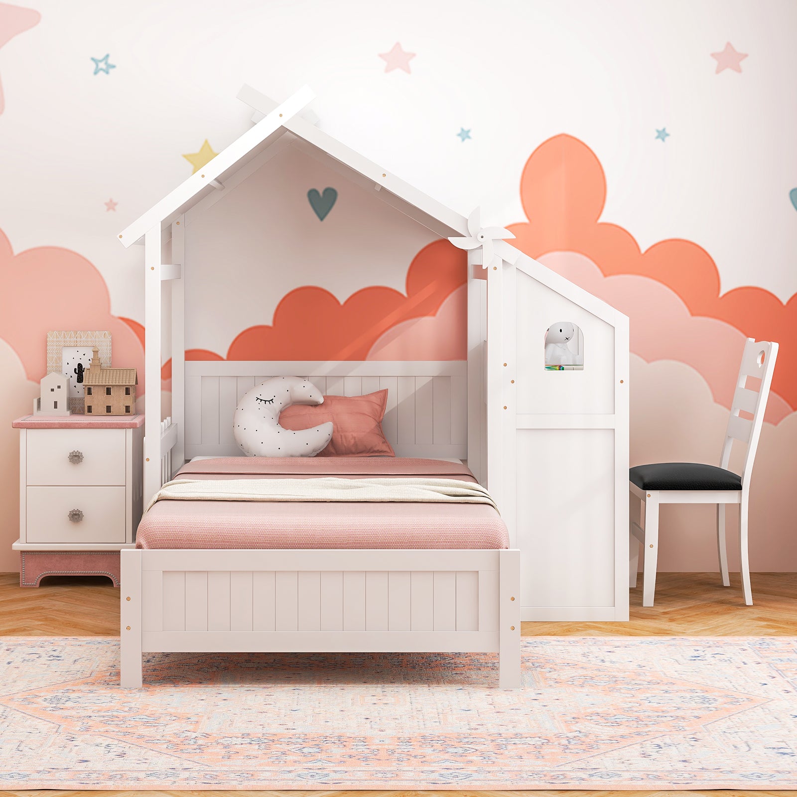 Twin House Bed with with 2 Drawers and Windmill-White