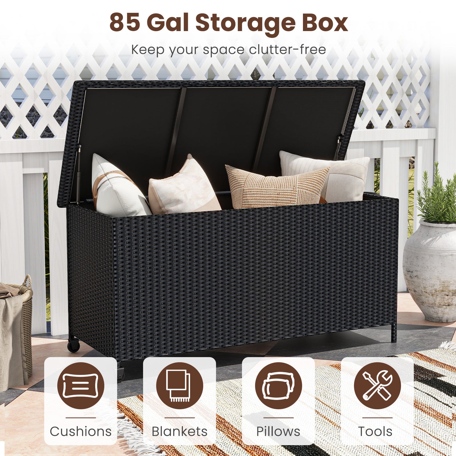 Indoor Outdoor 85 Gallon Storage Container with Waterproof Liner and Universal Wheels-Black