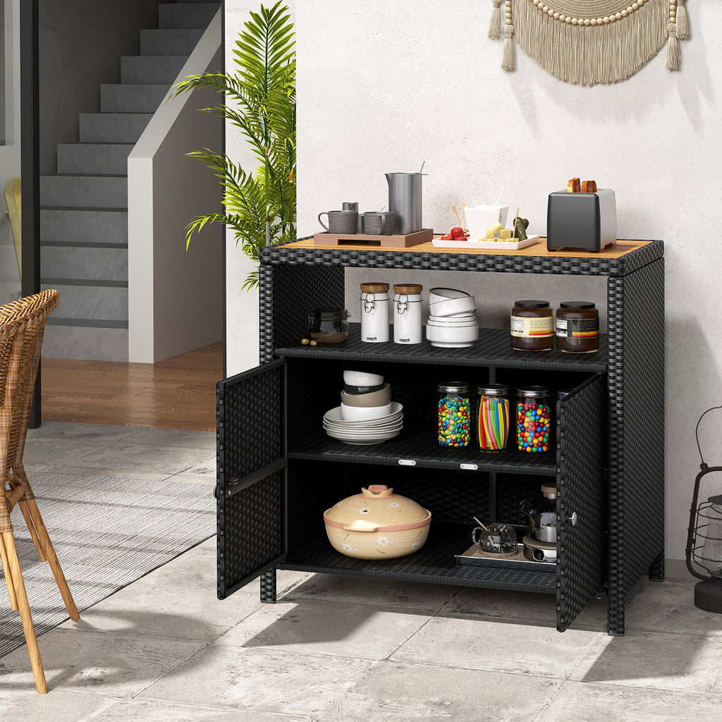 Rattan Storage Cabinet with Acacia Wood Countertop for Poolside Deck and Patio-Black