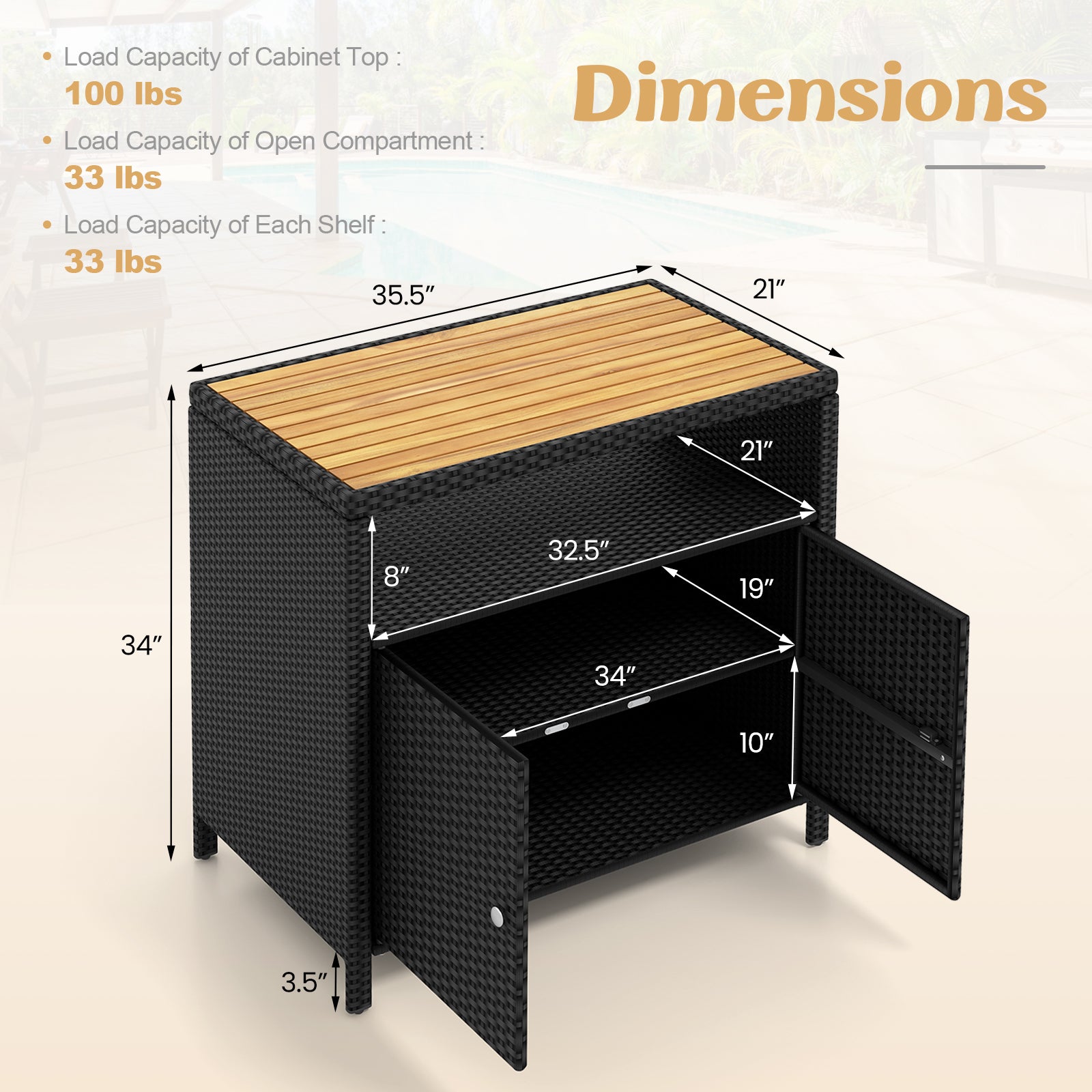 Rattan Storage Cabinet with Acacia Wood Countertop for Poolside Deck and Patio-Black
