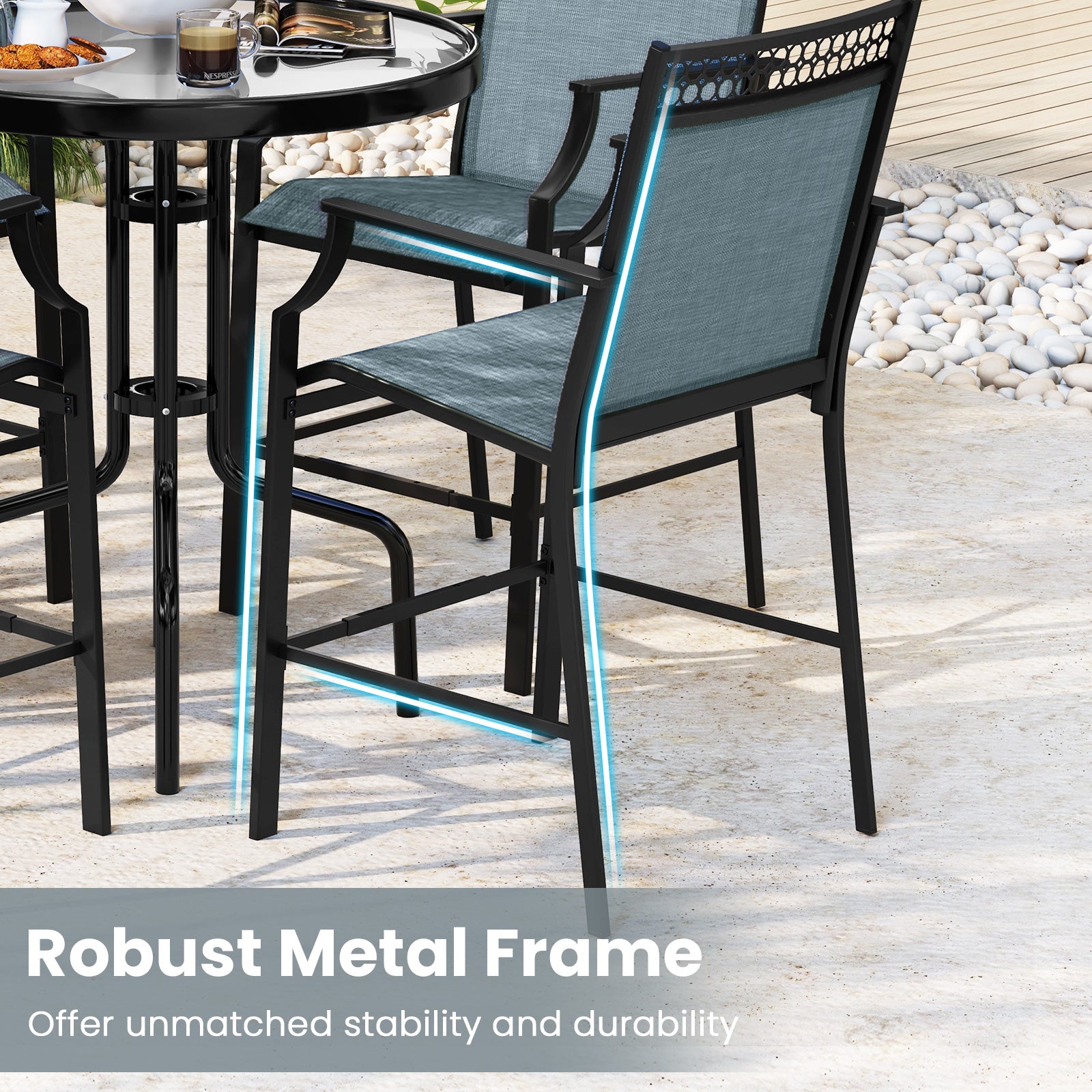 Outdoor Counter Stools Set of 2 Heavy-Duty Barstools with Footrest and Armrests-Blue
