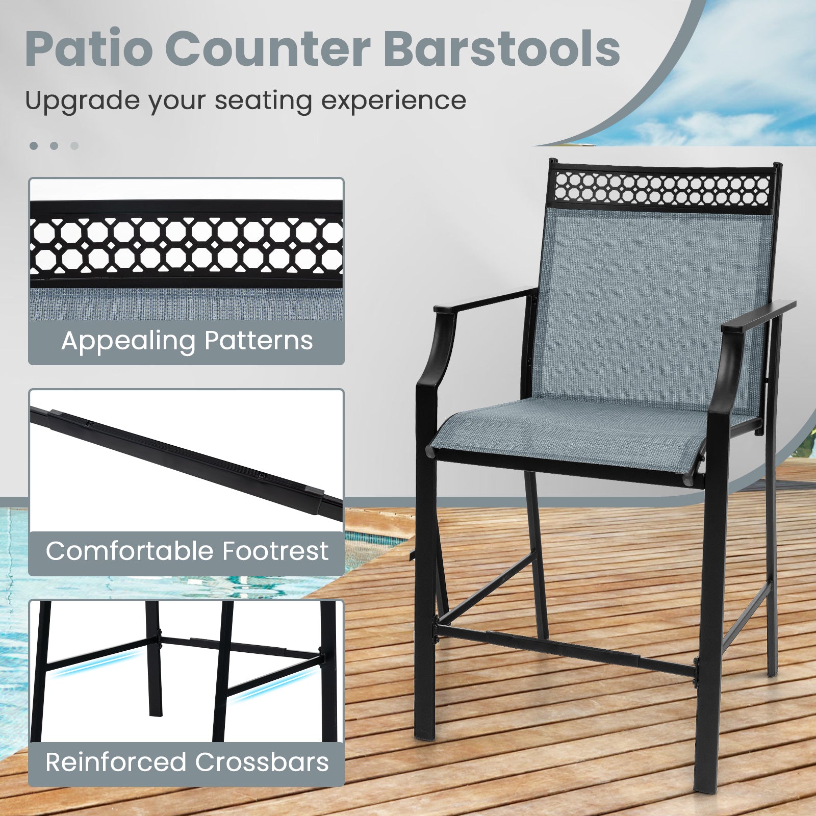 Outdoor Counter Stools Set of 2 Heavy-Duty Barstools with Footrest and Armrests-Blue
