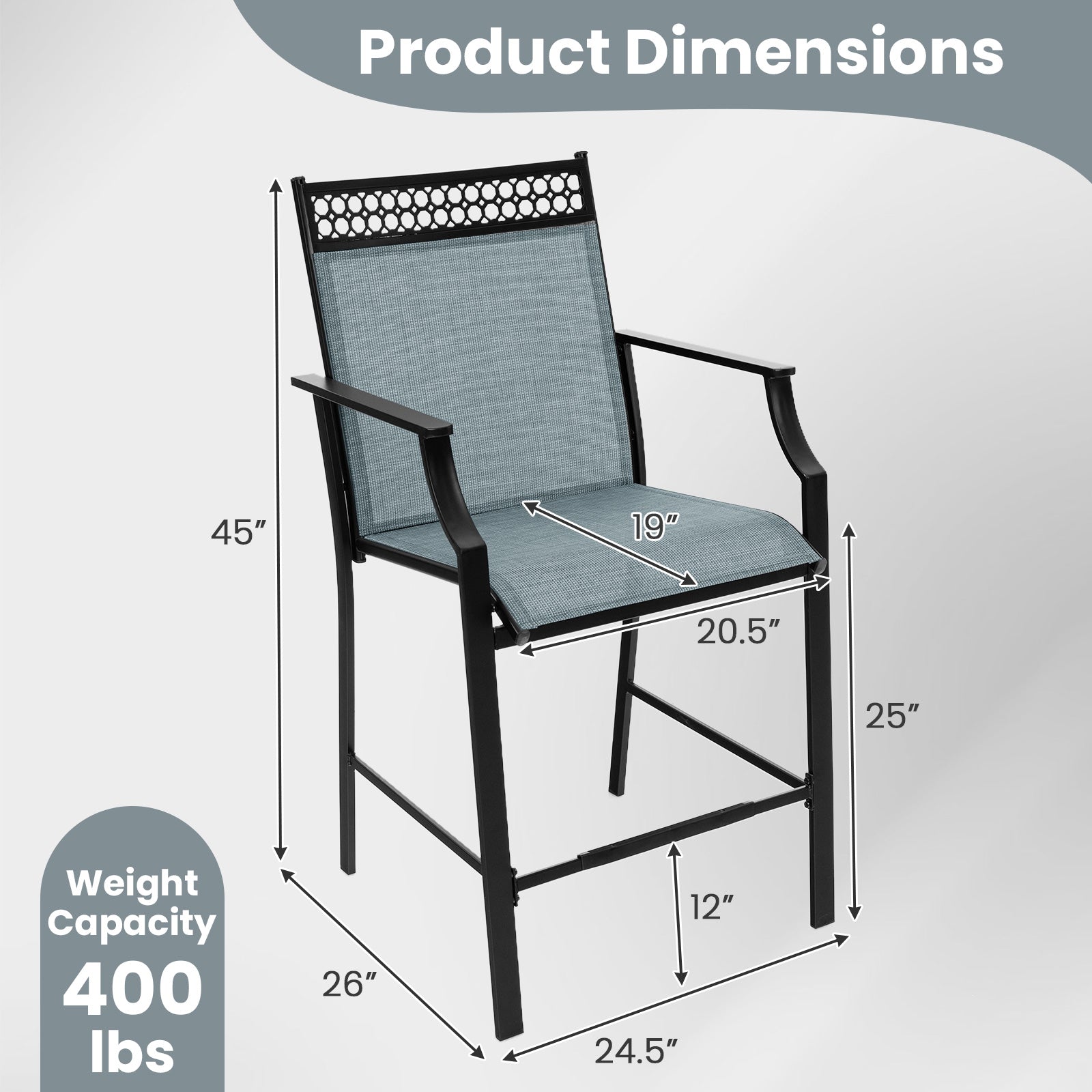 Outdoor Counter Stools Set of 2 Heavy-Duty Barstools with Footrest and Armrests-Blue