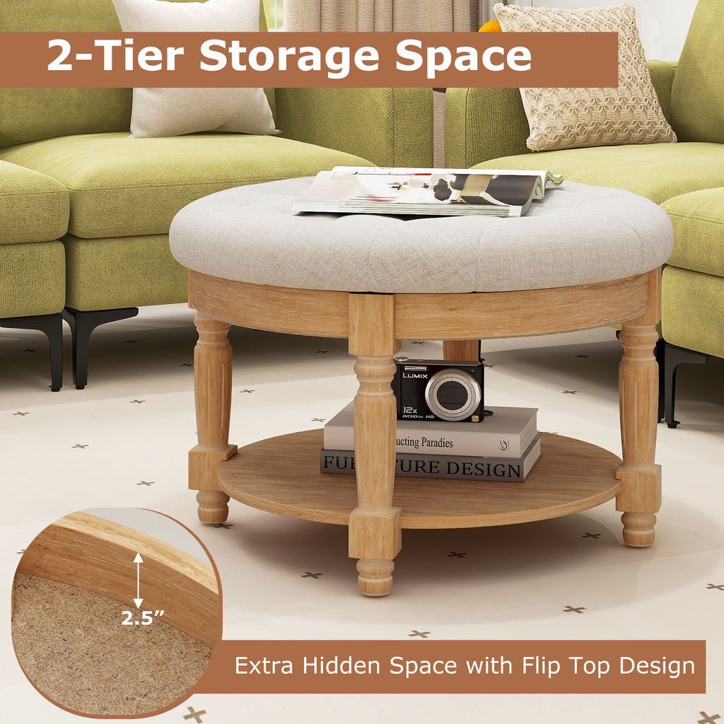 29 Inch Large Round Ottoman Coffee Table 2-Tier Upholstered Tufted Footrest Ottoman with Flip-up Top-Beige