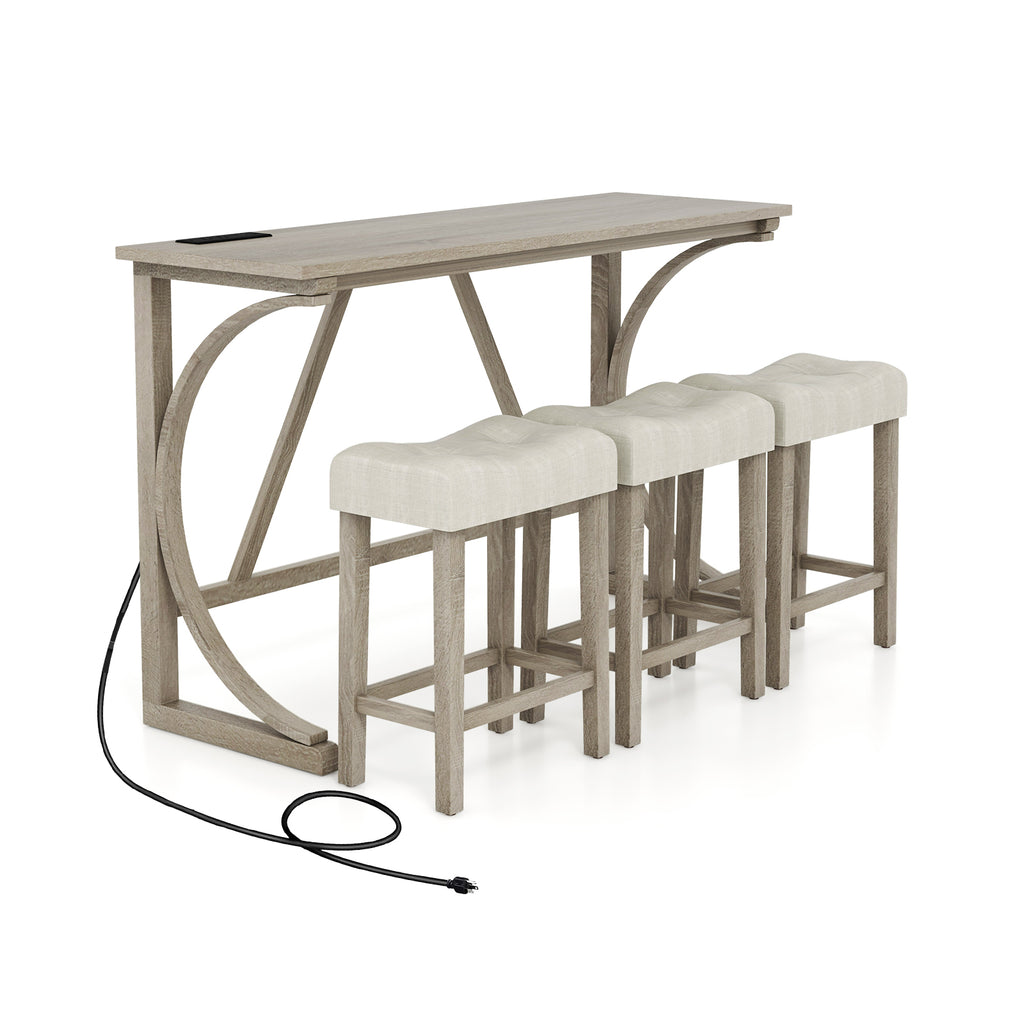 4-Piece Bar Table Set with Power Outlet and Upholstered Saddle Seat Stools-Grey and Beige