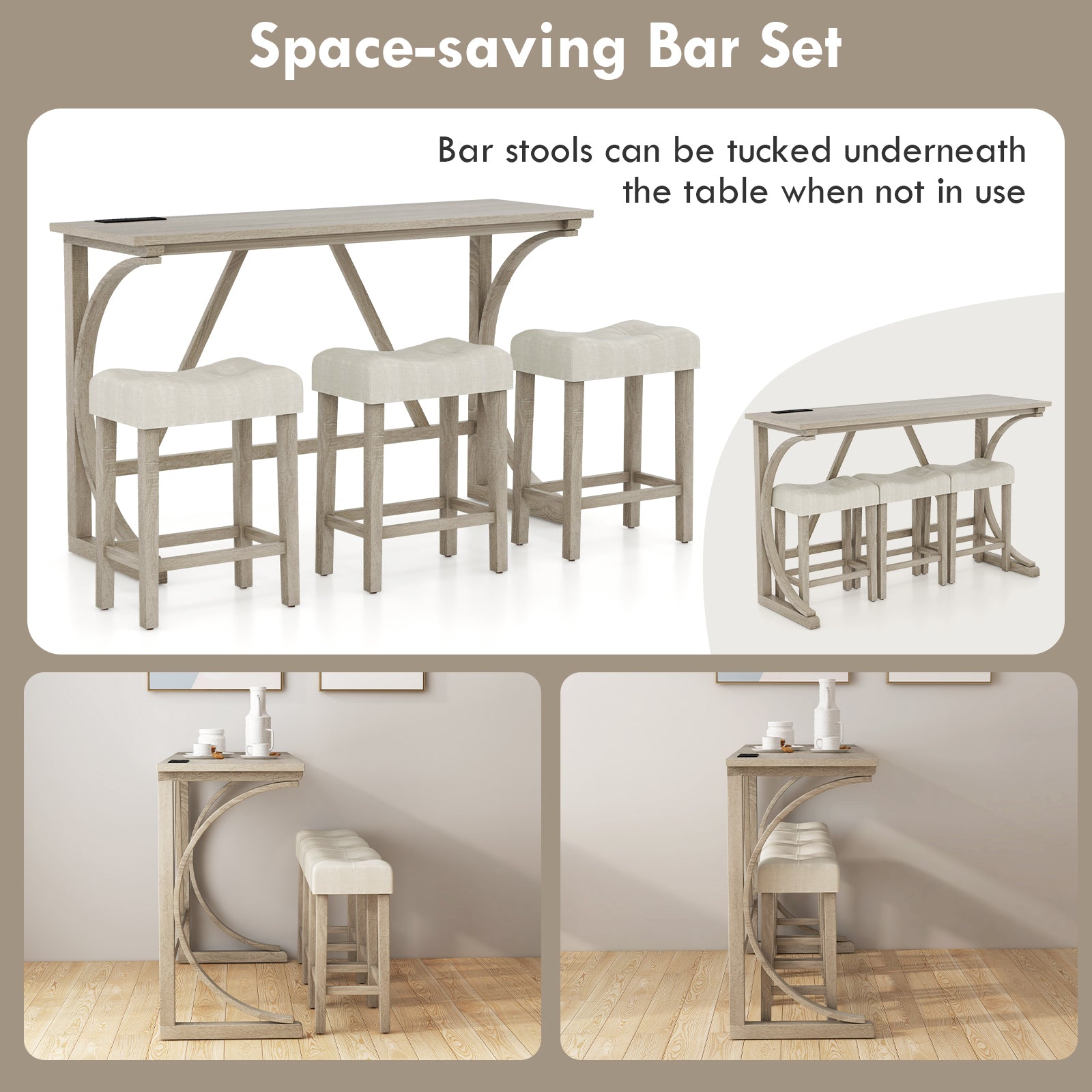 4-Piece Bar Table Set with Power Outlet and Upholstered Saddle Seat Stools-Grey and Beige