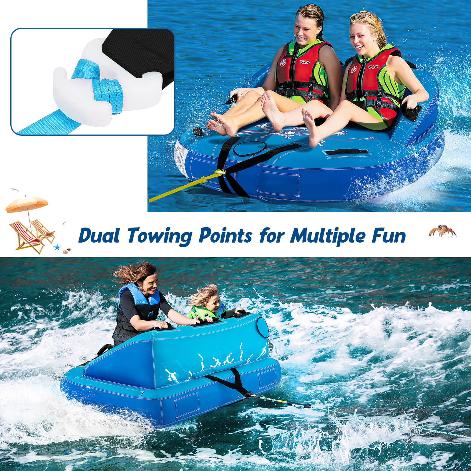 2 Person Water Sport Inflatable Towable Tubes for Boating-Blue