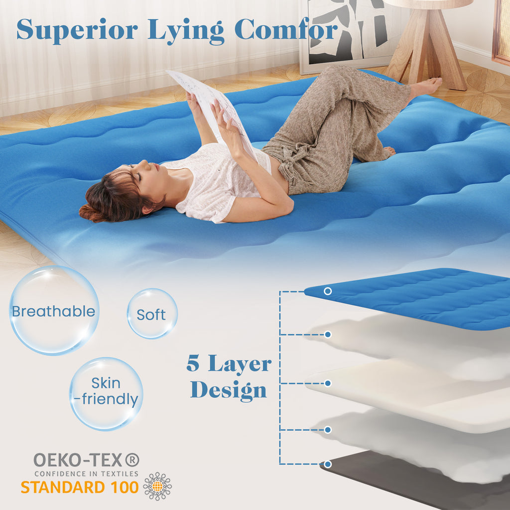 Foldable Futon Mattress with Washable Cover and Carry Bag for Camping Blue-King Size