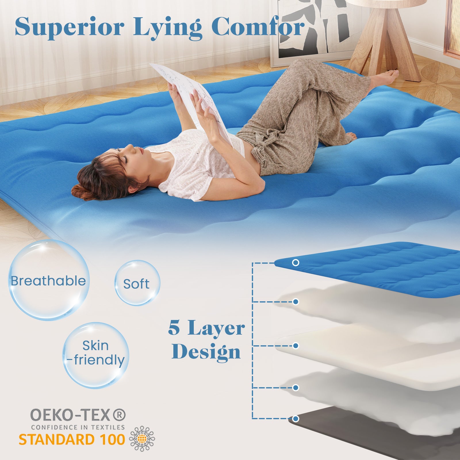 Foldable Futon Mattress with Washable Cover and Carry Bag for Camping Blue-King Size