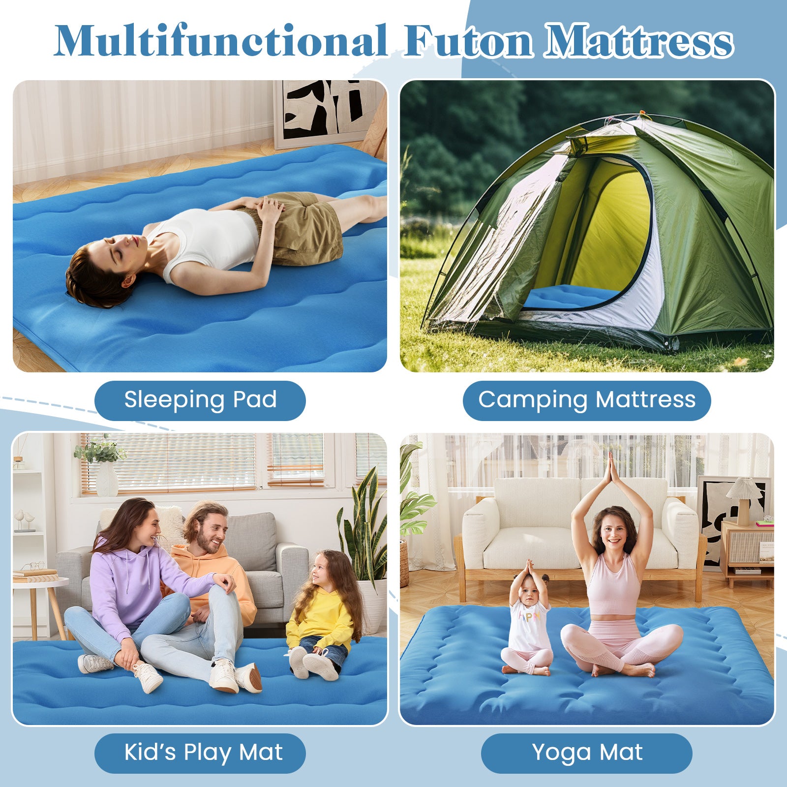 Foldable Futon Mattress with Washable Cover and Carry Bag for Camping Blue-King Size