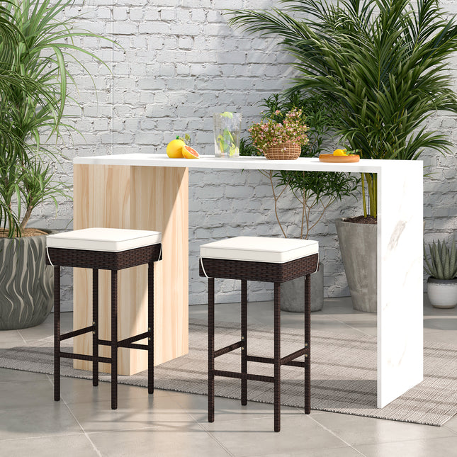 Patio Rattan Barstools Set of 2/4 with Footrest and Soft Cushions for Backyard Balcony-2 Pieces