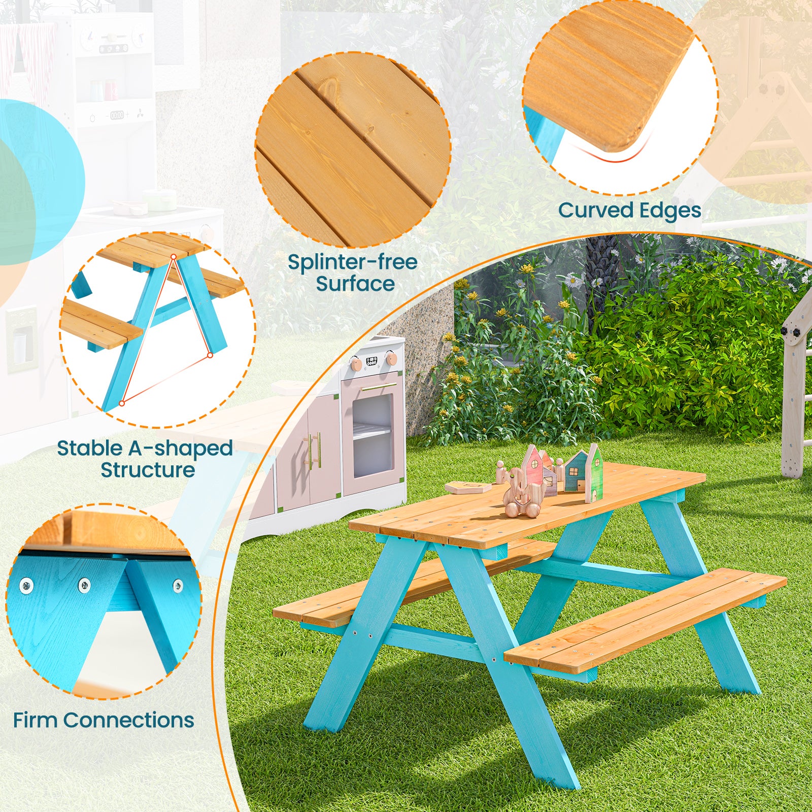 Children Outdoor Wooden Table with Bench Seats for Indoor and Outdoor Use-Natural