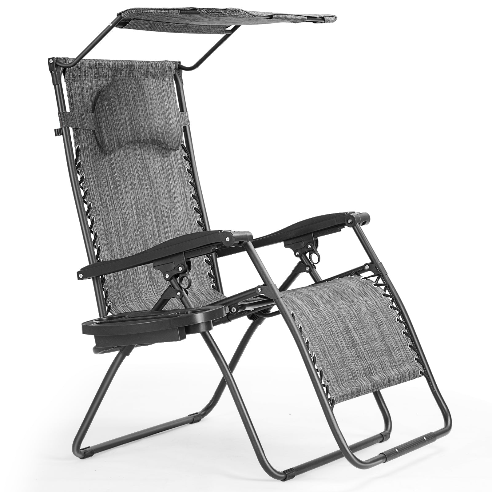 Chaise longue inclinable pliable avec auvent pare-soleil et porte-gobelet – Gris