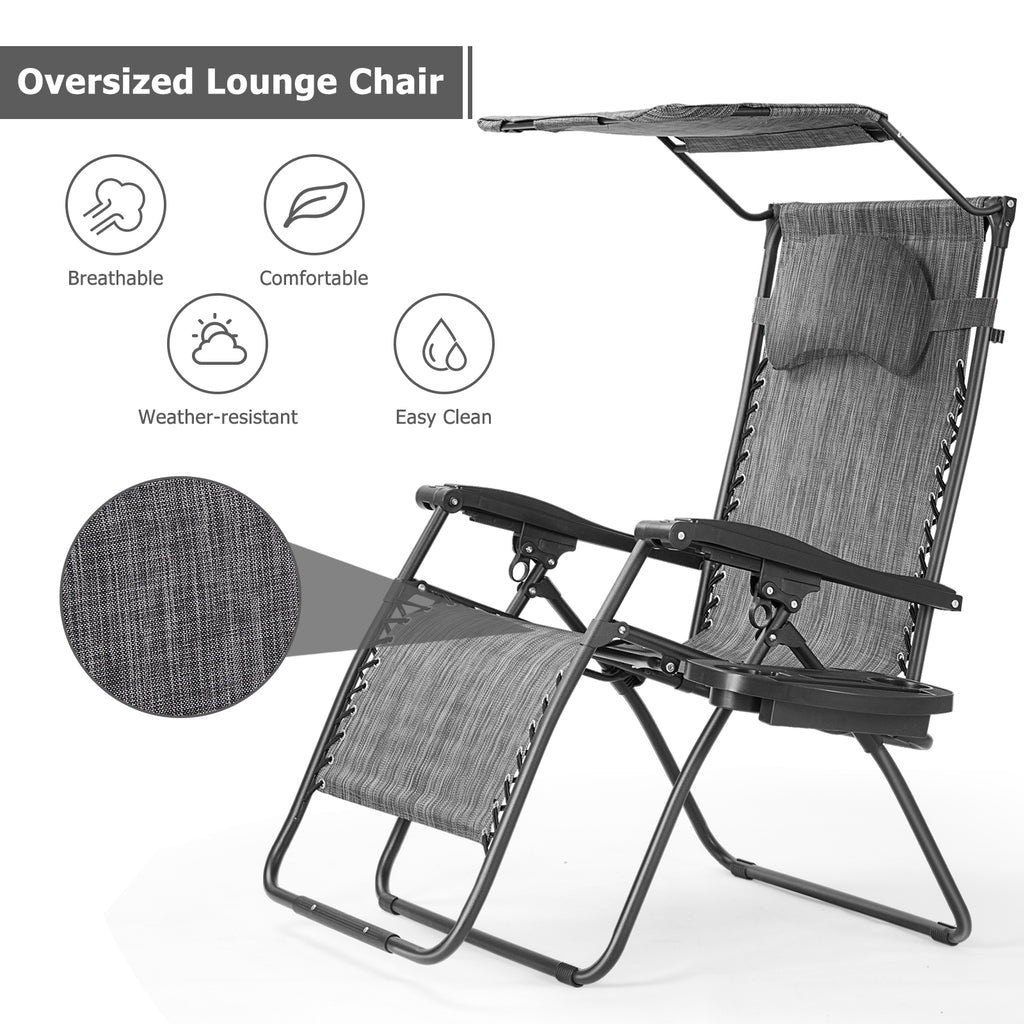 Chaise longue inclinable pliable avec auvent pare-soleil et porte-gobelet – Gris